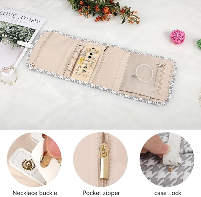 Voova Travel Jewelry Holder Organizer Case, Small Jewelry Storage Bag for Women Girls, Foldable Traveling Jewellery Pouch Roll for Necklaces Rings Earrings Bracelets, Mini, Grey+White