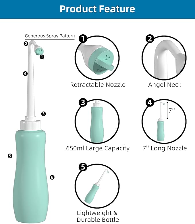 Portable Bidet for Toilet, Bidet Attachment,Handheld Personal Travel Bidet Parts 650ml Extra Long Pointed Nozzle Spray for Childbirth, Personal Hygiene, Outdoor, Camping with Travel Bag- 22oz/ Green