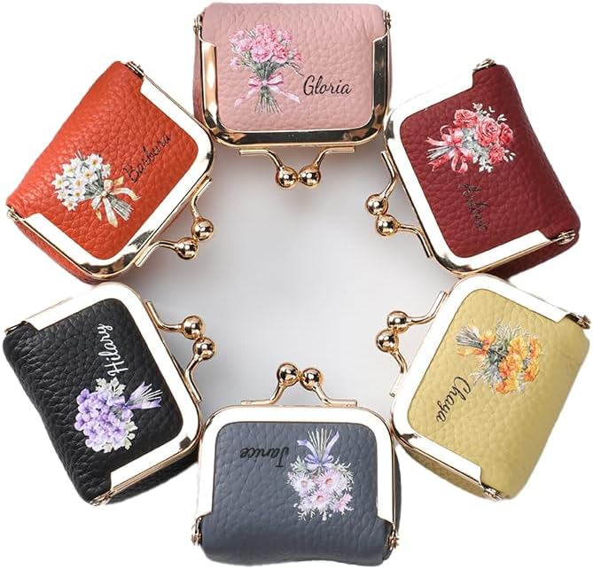 Custom Name & Birth Month Flower Mini Leather Jewelry Box – Vintage Kiss Lock Coin Purse Organizer for Rings, Earrings & Necklaces | Portable Travel Gift for Women (Blue/Black/Pink)