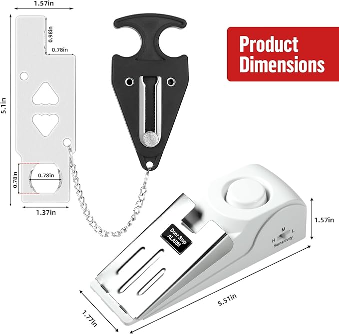 Portable Door Lock Alarm - Dual Protection Security, 120DB Siren, Sturdy Rubber Door Stopper Wedge for Home & Travel