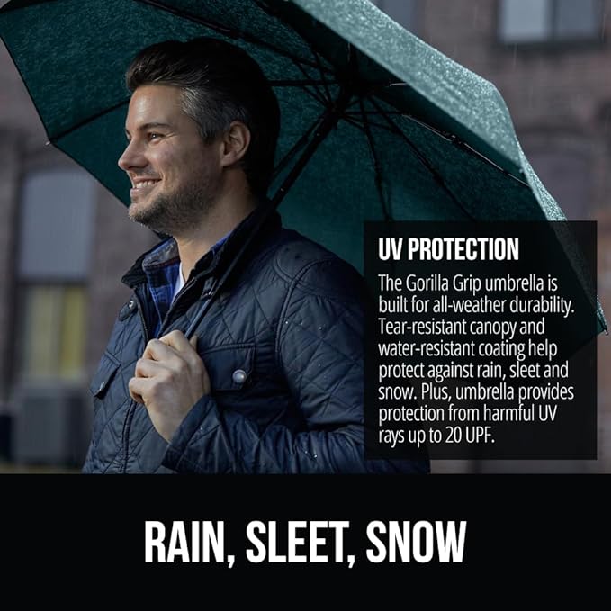 GORILLA GRIP Compact Stick Umbrella for Rain, Travel One-Click Automatic Open Close, Lightweight, Portable, US Designed Reinforced Fiberglass Ribs, Wind Resistant Easy Collapse, Hunter Green