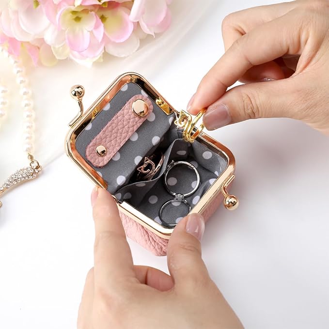 Custom Name & Birth Month Flower Mini Leather Jewelry Box – Vintage Kiss Lock Coin Purse Organizer for Rings, Earrings & Necklaces | Portable Travel Gift for Women (Blue/Black/Pink)