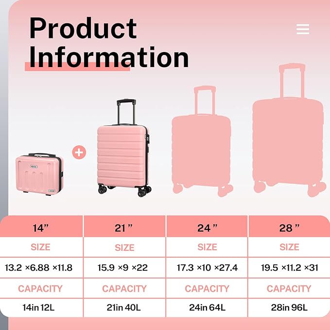 AnyZip 21" Carry On Luggage and 14" Mini Cosmetic Cases Luggage Set Hardside PC ABS Lightweight USB Suitcase with Wheels TSA for kids (2-Piece Set (14/21),Pink)