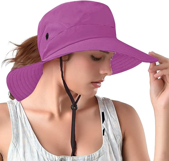 Rosoz Ponytail Sun Bucket Hats for Women UV Protection Foldable Mesh Wide Brim Hiking Beach Fishing Summer Safari
