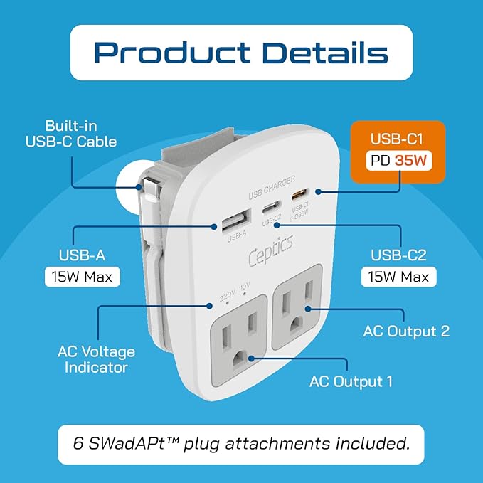 Ceptics Universal Travel Adapter Kit – 2 USA sockets, USB-A, USBC, 1x PD 35W USB-C and USBC Cable, Surge Protected, Plugs for EU, UK, China, AU, Japan - Use with Laptop, Phones, Cameras - ETL Tested