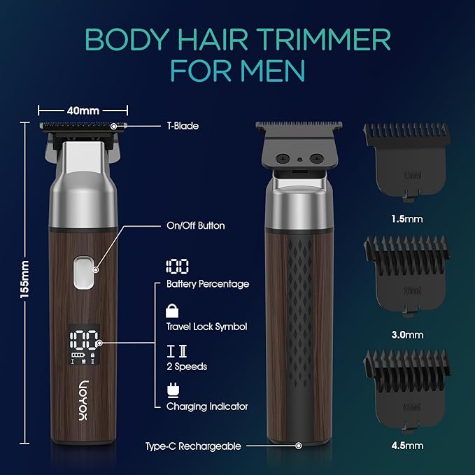 VOYOR Body Hair Trimmer for Men,Electric Razor,Versatile Groin & Body Trimmer,Waterproof and Cordless Shaver, Manscaper for Men, USB-C Charging Groomer,Ceramic Blade Razor Male Grooming HT310 (Wood)