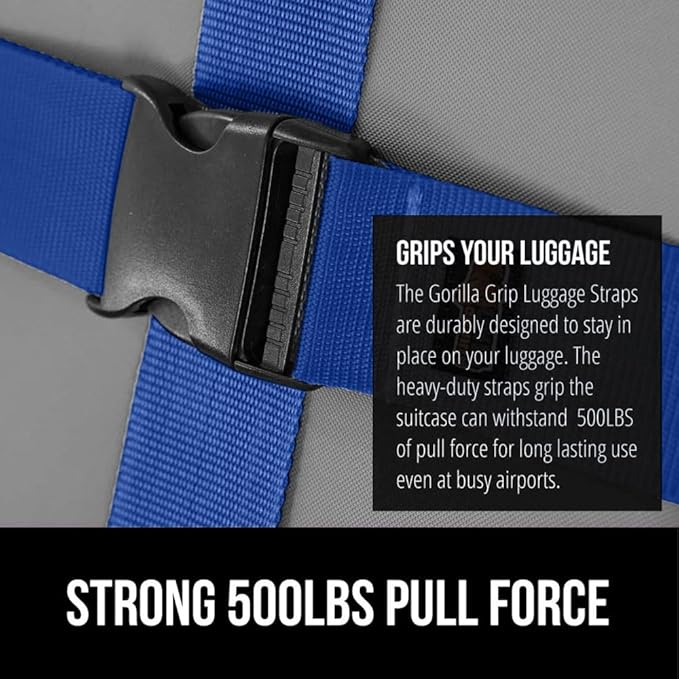 GORILLA GRIP Heavy Duty Adjustable Luggage Straps for Suitcases, Easy to Identify Travel Belt Connector Holds Suitcase Together, Extends Life of Bag, Strap Connects Two Bags, Accessories 2 Pack Blue