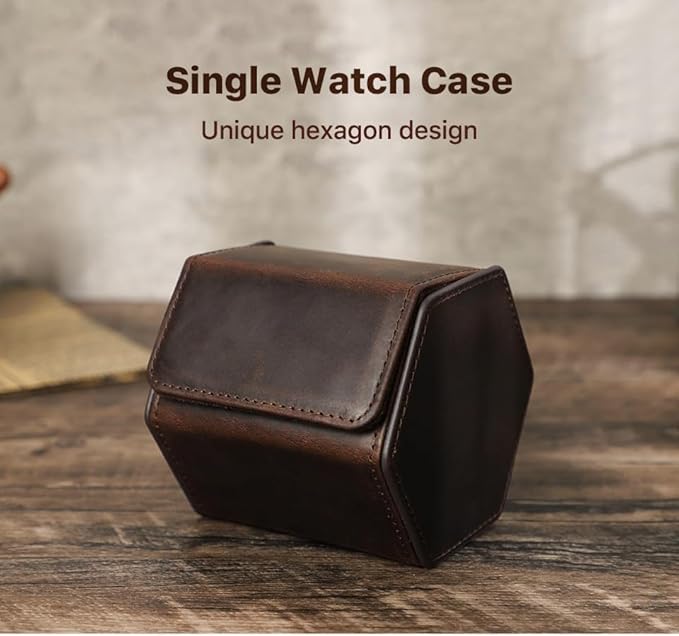 Genuine Leather Watch Roll Travel Case, Vintage Full Grain Leather Hexagon Watches Storage Organizer with Display Removable Pillows & Solid Dividers for Home Storage &Display (1 Slot)