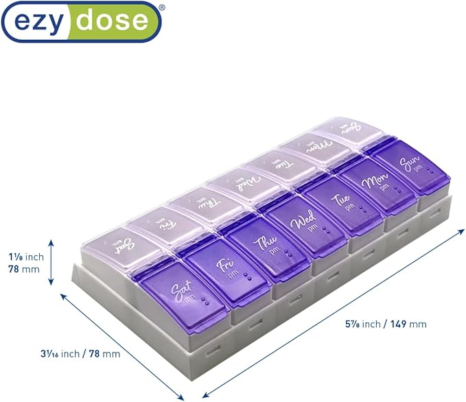 Ezy Dose Weekly (7-Day) Daily Pill Case, Medicine Planner, Vitamin Organizer, 2 Times a Day AM/PM, Small Pop-out Compartments, Arthritis Friendly, Easy to Use, Pearlescent and Lavender Lids, BPA Free