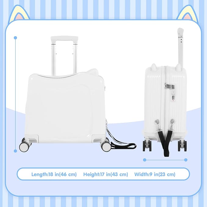 smilesun 20" Ride-On Travel Suitcase for Kids, Cute Ear Toddler Carry on Luggage with Spinner Wheels, Children Rolling Trolly Luggage with Combination Lock (Matte White with Rope)