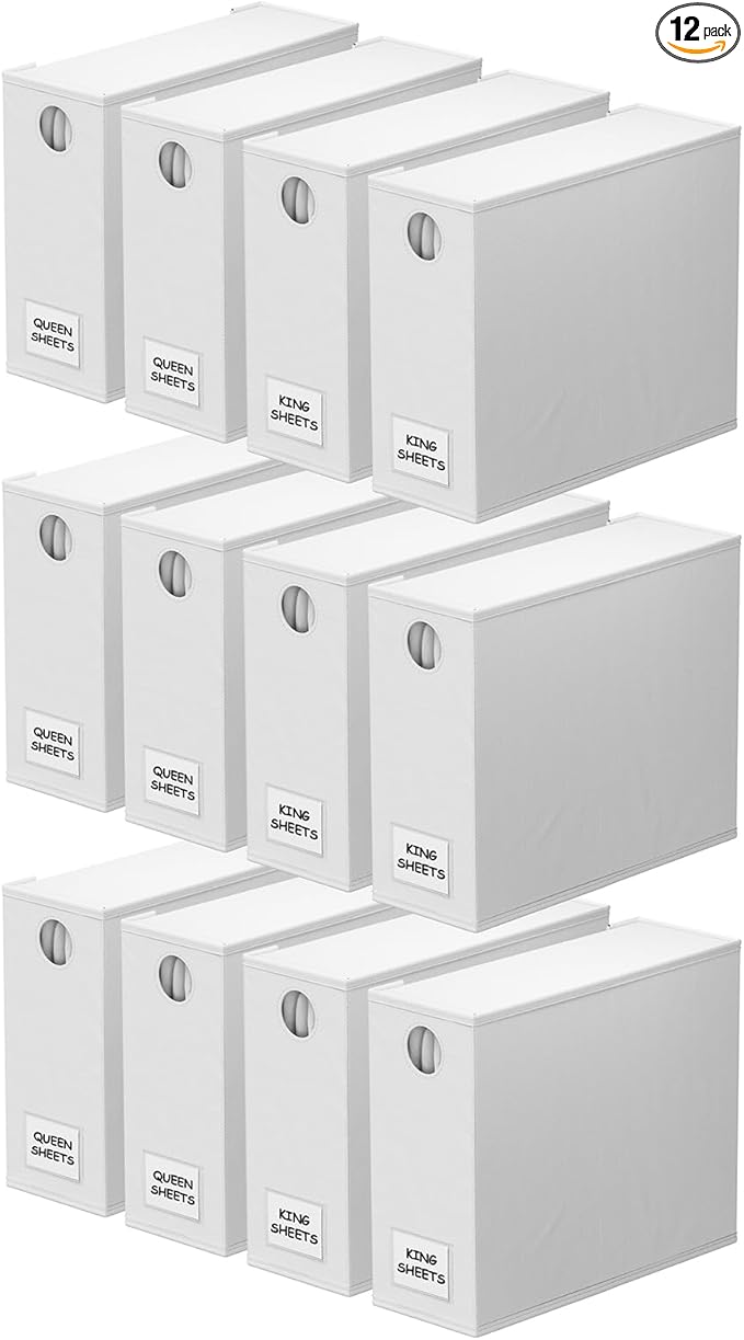 SpaceAid 12 Pack Bed Sheet Organizers and Storage, Foldable Sheet Organizer for Linen Closet, Sheets Set Folder Keeper with Window XL (Queen & King Size) Bedding Container (White, 12 Pack)