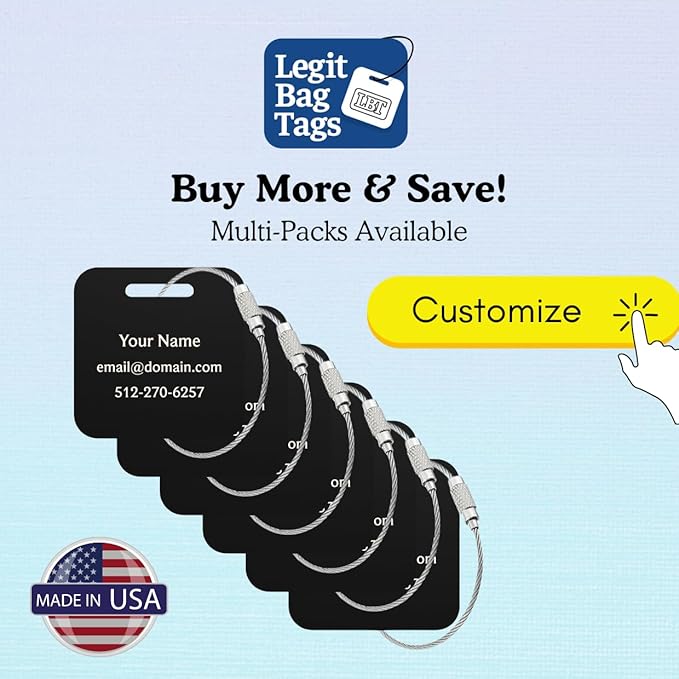 Custom Luggage Tags (3 or 6 Pack) - Personalized Unique Suitcase & Backpack Travel, Durable, Waterproof & Heavy Duty (Dark Blue)