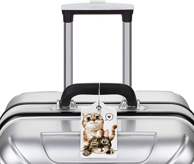 2 Pack Luggage Tags for suitcases Cute Funny cat Luggage Tag, Leather Stainless Steel Loop Label Tag for Men Women Travel Bag Suitcase（2 cat）