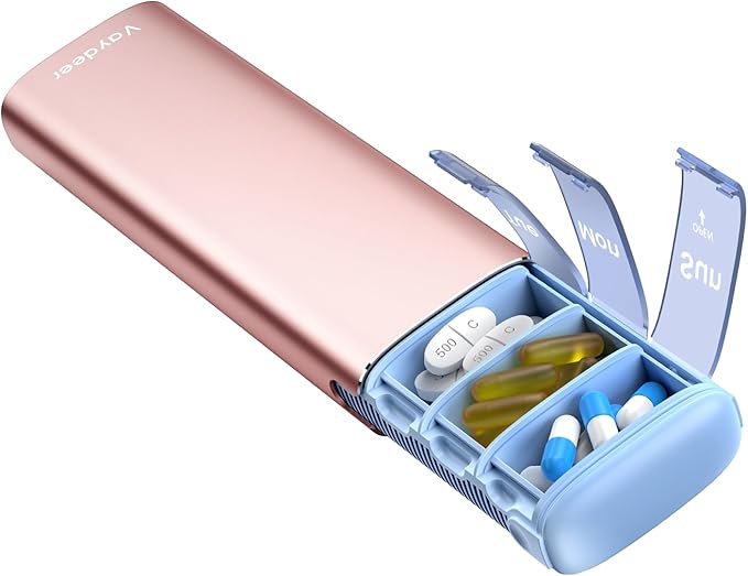 Vaydeer Metal Travel Pill Organizer, 7 Day Weekly Pill Box, Large Capacity Daily Cute Pill Case for Supplements, Pills, Vitamins and Medication (Small, Rose Gold)