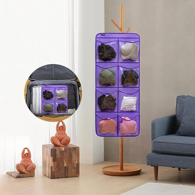 Dual-Sided Hanging Closet Organizer for Socks Underwear Bra Kids Storage Organizer for Baby Clothes Toddler Shoes with 26 Pockets (Purple-Clear Pockets)