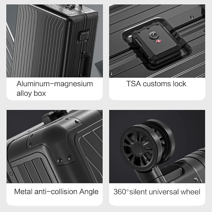 Metal all aluminum carry-on suitcase 20 "hard face, TSA lock and rotating wheel zippered luggage set (dark grey, 2Piece(20/28))