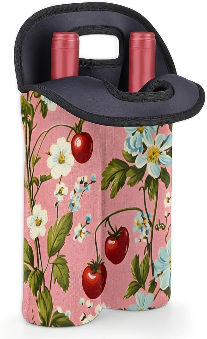 Neoprene Wine Tote, Bottle Carrier Gag Insulating Neoprene Thicker, Insulated Wine Bag for Travel Holds Two Bottles, Bottle Carrier Bags Protect the Bottles, Flower Cherry