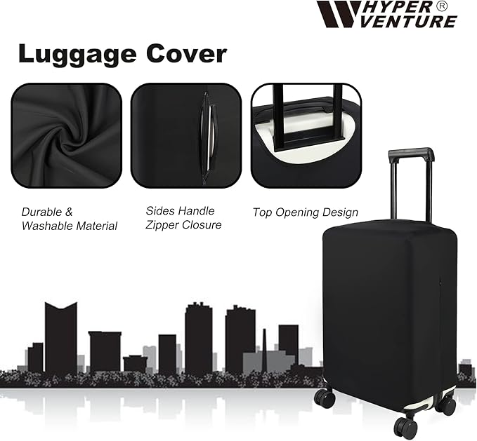 HYPER VENTURE Washable Luggage Cover - Fashion Suitcase Protector Fits 31-32 Inch Luggage (Black, XL)