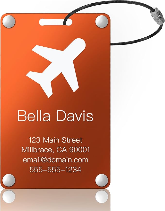 Personalized Luggage Tags: Custom Metal Luggage Tags for Suitcases, Backpacks and Bags with Your Personalized Text (Orange)