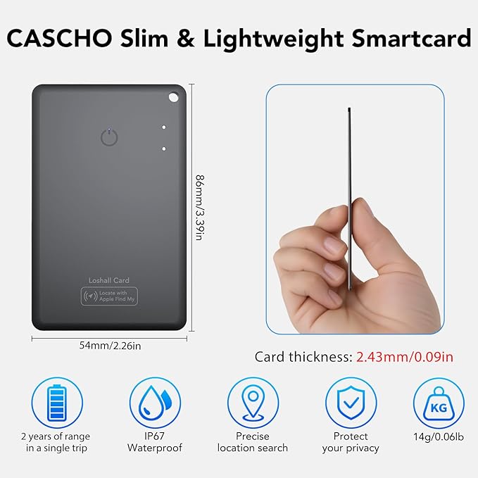 CASCHO Smartcard - Wallet Tracker Card, Compatible with Apple Find My App, Waterproof and Splash-Proof, Keys Finder and Item Locator for Passport, Bags, Laptop, Black 1 Pack