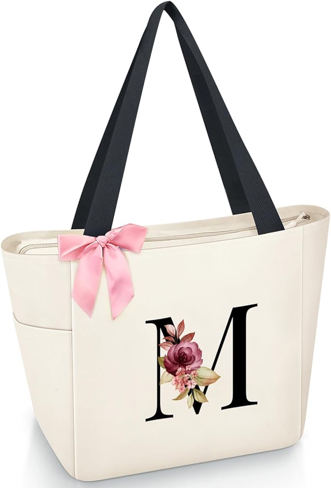 Vavabox Tote Bag, A-Z Initial Monogrammed Waterproof Tote Bag, Bridesmaid Gifts for Women, Black and Pink