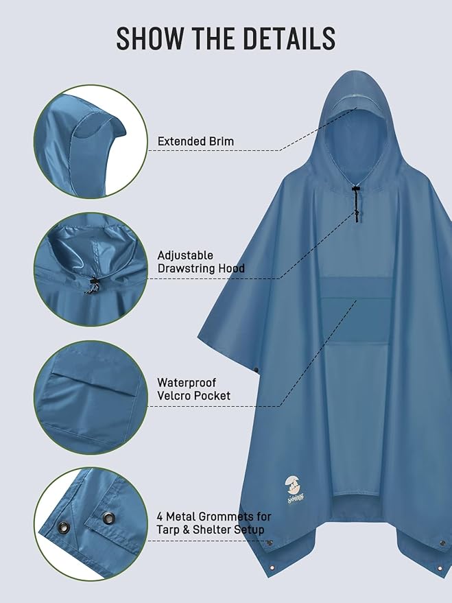 SaphiRose Extra Thick Hooded Rain Poncho Double Layer Waterproof Raincoat Jacket for Men Women Adults