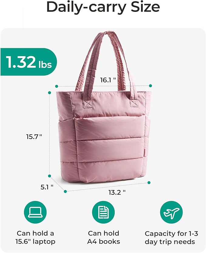 BAGSMART Tote Bag for Women, Lightweight Puffy Tote Bag with Compartments Shoulder Bag Handbag for Travel, Work, Gym,