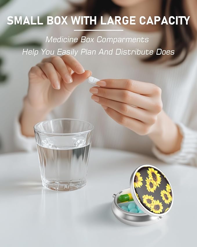 Pill Box, 3 Compartment Portable Travel Medicine Box with Mirror, Compact and Cute, Fits in Purse and Pocket, Medicine and Vitamin Organizer (Sunflowers)