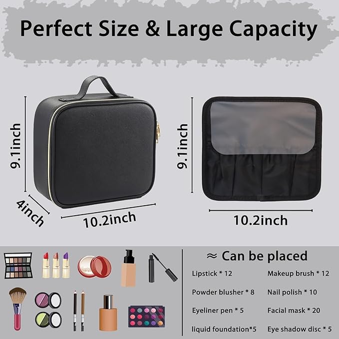 Makeup Bag with Led Mirror,Travel Makeup Organizer with 3 Color Setting & Jewelry storage box, Portable Storage and Adjustable Dividers Travel Makeup Bag(Black)