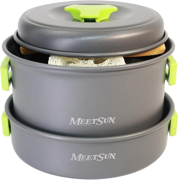 MEETSUN Lightweight Backpacking Cookware Set, Aluminum Camp Cooking Set with 1L Pot,Camping Mess Kit for 1 with Folding Tableware Perfect for Backpacking Stove Kit,Outdoor,Hiking,Survival,Emergency.