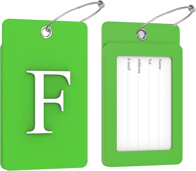 Gostwo 2 Pack Luggage Tags for Suitcases, 26 Initial Letter Travel Luggage Baggage Identification Labels ID Tag Fully Bendable Tags with Stainless Steel Loop (Green) (Letter F)