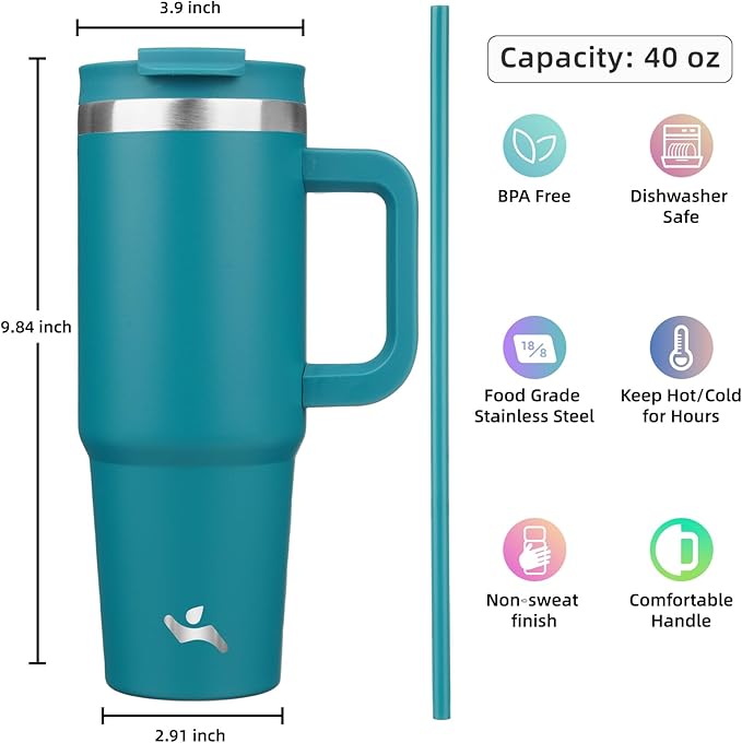 40 oz Tumbler with Handle and 2 Straws,2 in 1 Lid Insulated Water Bottle Stainless Steel Travel Coffee Mug,Blue