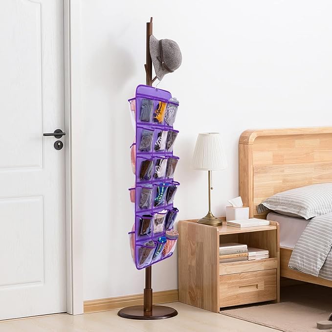 Dual-Sided Hanging Closet Organizer for Socks Underwear Bra Kids Storage Organizer for Baby Clothes Toddler Shoes with 26 Pockets (Purple-Clear Pockets)