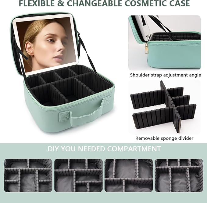 Travel Makeup Bag with LED Lighted Mirror, Travel Makeup Organizer,3 Color Setting Cosmetic Makeup Box, Adjustable Dividers and Brush Holder（light green）