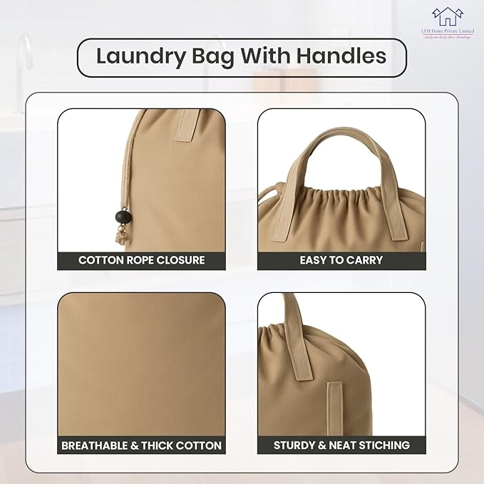 LFH Home Cotton Canvas Large Laundry Bag with Handle, Heavy Duty Drawstring Closure Washable Laundry Bags, School Travel, Home, Hotel, College Dorm, Organizer Sack, Toys Clothes 28x36-Beige