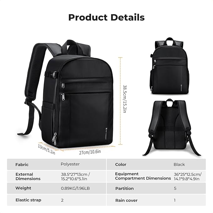 K&F CONCEPT Camera Backpack Bag, Professional DSLR/SLR/Mirrorless Camera Bag with Tripod Holder & Rain Cover, Waterproof Photography Camera Case Compatible with Canon/Sony/Nikon/FUJIFILM