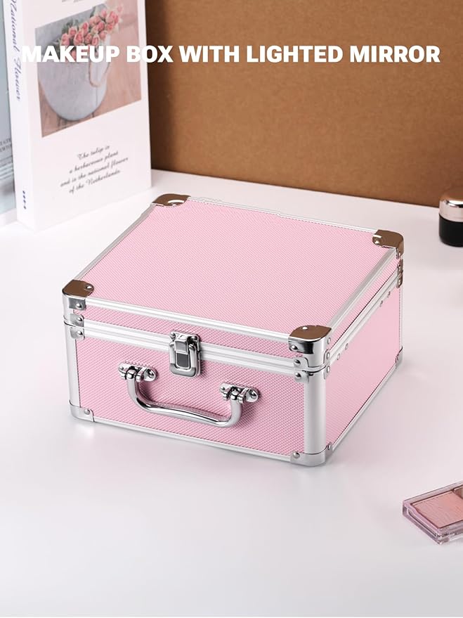Qislee Makeup Box with A Detachable Lighted Mirror, Waterproof Travel Train Case, Cosmetic Organizer and Makeup Suitcase with Adjustable Dividers, Magnetic LED Mirror(Icy Pink)