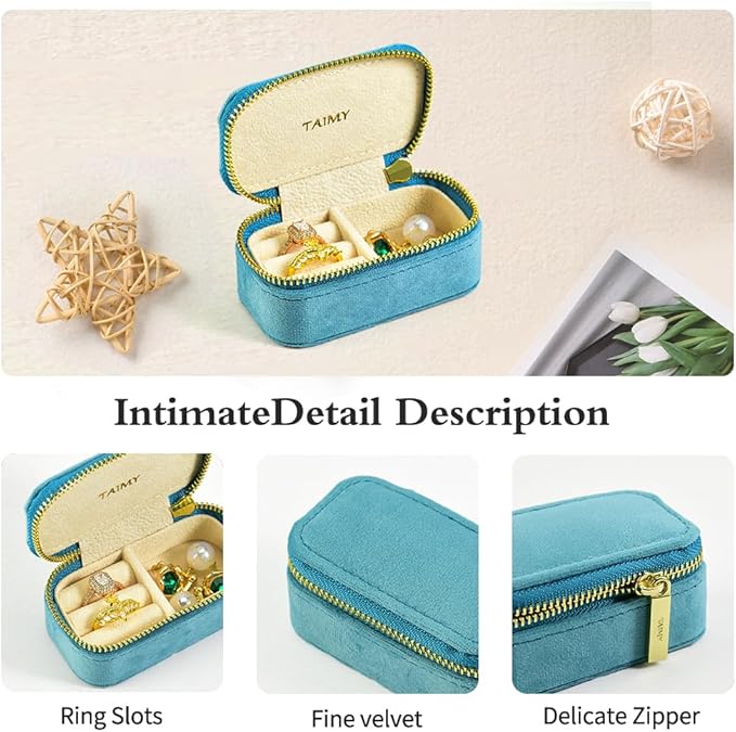 Small Travel Jewelry Case, Mini Tiny Plush Velvet Jewelry Box for Women and Girls, Pocket Size Jewelry holder organizer for Rings Earrings and Small Items(Coral Blue)