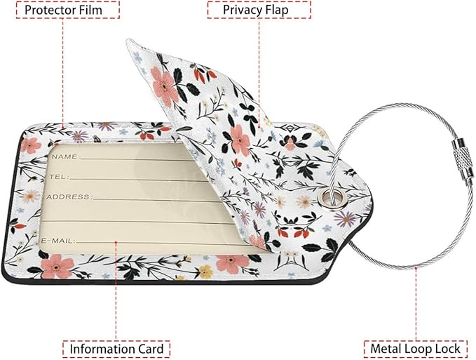 Blooming Flowers Luggage Tags for Suitcases,2 Pack Luggage Tag, Leather Stainless Steel Loop Label Tag for Women Girl Travel Bag Suitcase
