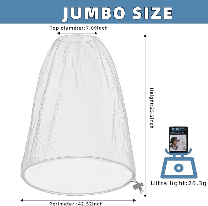 Oversized Mosquito Net 42 x 25 Inches Ultra Large Mosquito Head Net Face Neck Fly Mesh Netting Fits All Hats for Outdoor Camping Hiking Fishing Gardening Safari(Light Gray)