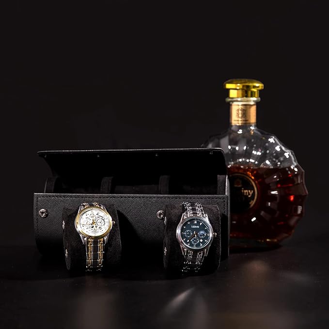 MR.OKAY 3 Watch Travel Case- Classic Leather Watch Case With Superb Texture.Portable Watch Roll Or Organizer For Storage And Display. Travel Gift for Men, All Handcrafted By Leather Craftsmen.