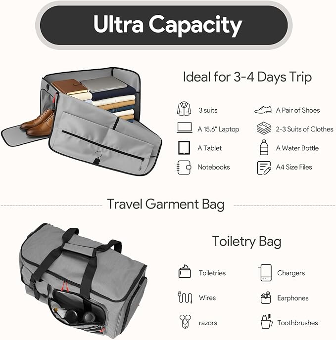 Garment Duffle Bags for Travel, HOMQUIET Convertible Garment Duffel Bag, All YKK Zippers Carry On Garment Bags, 2 in 1 Hanging Waterproof Suit Travel Bag with Shoe Compartment, for Men Women, Grey