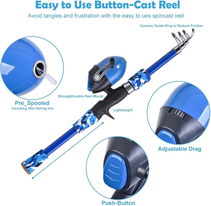 LEOFISHING Portable Kids Fishing Rod Set 2Pack Telescopic Fishing Poles for Boys and Girls Fishing Rod and Reel Combos with Full Kits Fishing Net and Bucket for Toddler Youth