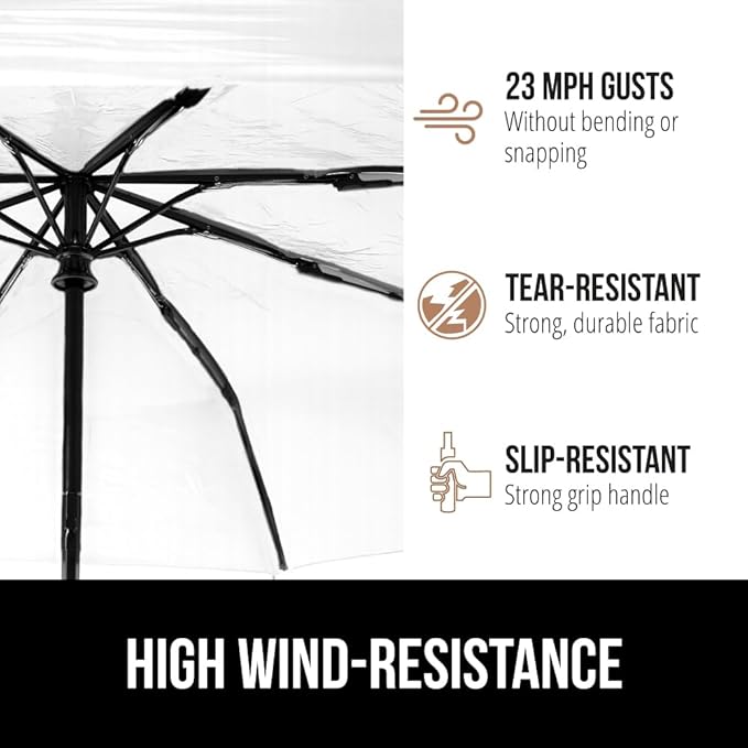 GORILLA GRIP Strong Stick Umbrella for Rain, Compact Travel One-Click Automatic Open Close, Lightweight, Portable, US Designed Reinforced Fiberglass Ribs, Wind Resistant, Easy Collapse, Clear