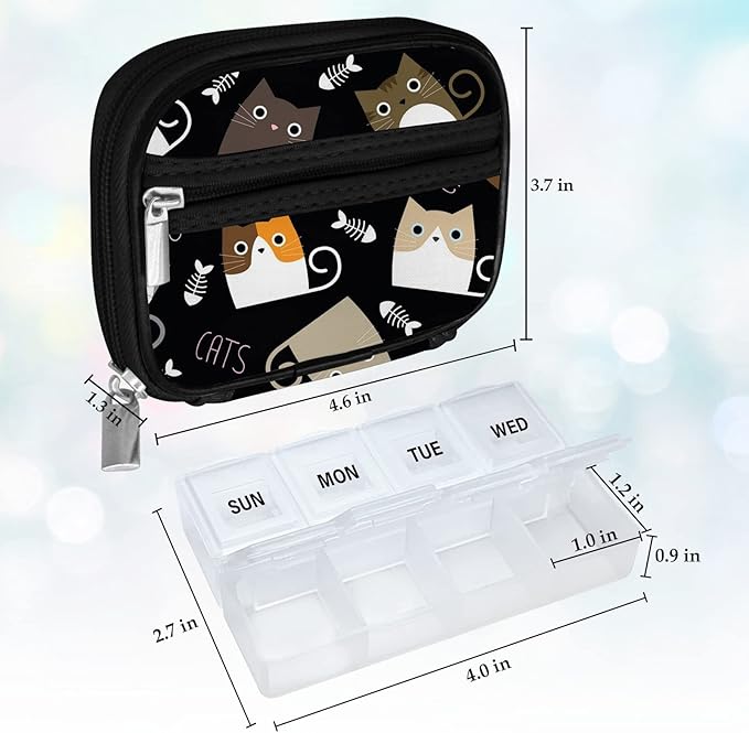 Serfeymi Weekly Travel Pill Organizer Pill Case for Purse with Removable 7 Day Pill Box, Fashionable Travel Medicine Organizer Pill Container for Medicine, Vitamin, Supplement - Black 03 + Pill Box