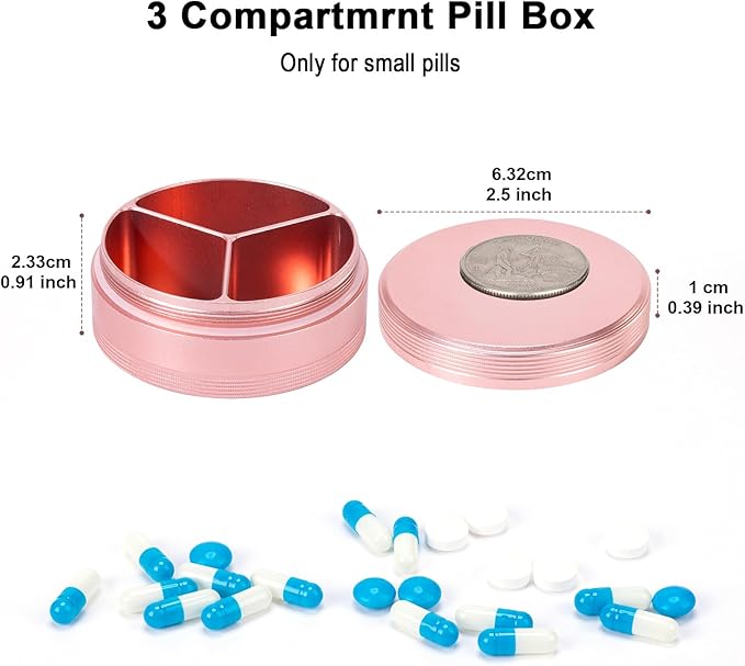 Metal Travel Pill Box 3 Compartment - Small Waterproof Pill Container Portable Daily Pill Case Pink Pocket Purse Medicine Organizer Holder for Medication Vitamins Fish Oils