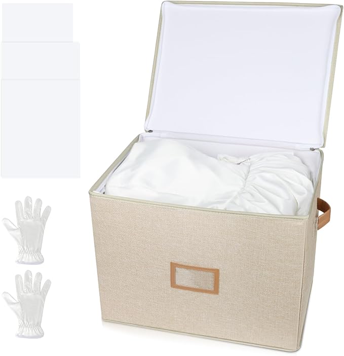Wedding Dress Storage Box, Wedding Dress Preservation Box with Lid, Foldable Acid-Free Organizer with 1 Pair of Microfiber Gloves and 20 Sheets of Acid-Free Paper (1, Medium)
