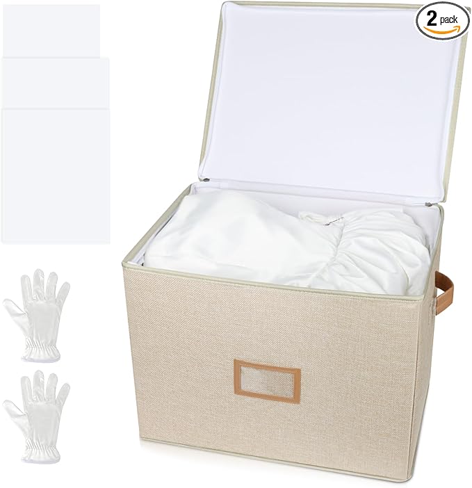Lukeline Wedding Dress Storage Box,Wedding Dress Preservation Box with Lid,Foldable Acid-Free Organizer with 1 Pair of Microfiber Gloves and 20 Sheets of Acid-Free Paper, 2-Pack