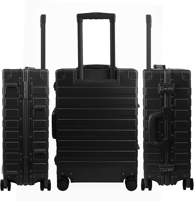 TRAVELKING All Aluminum Carry On Luggage with TSA Locks Zipperless Alloy Metal Hard Shell Spinner Suitcase (Black, 20 Inch)