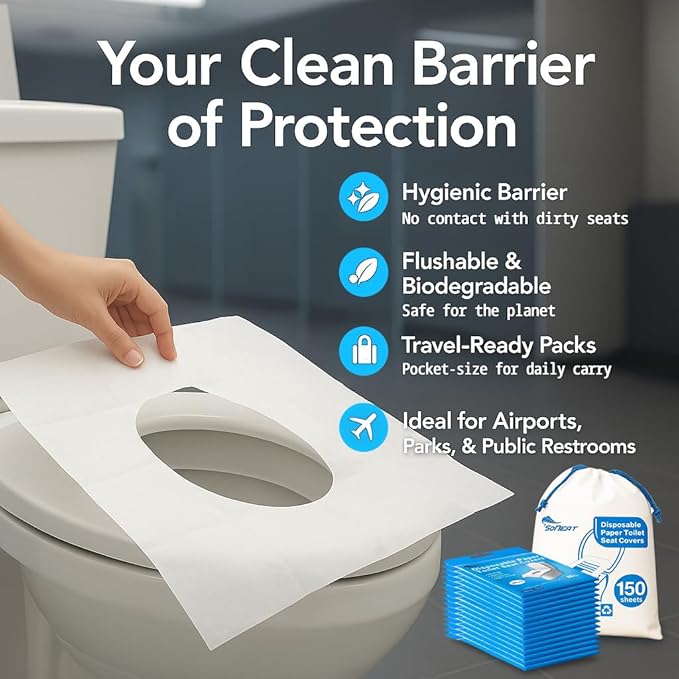 Disposable Toilet Seat Cover - 150 Count Large Flushable Toilet Seat Covers for Travel, Disposable Toilet Seat Cover for Kids, Potty Training & Public Restrooms, Travel Size Paper Seat Covers